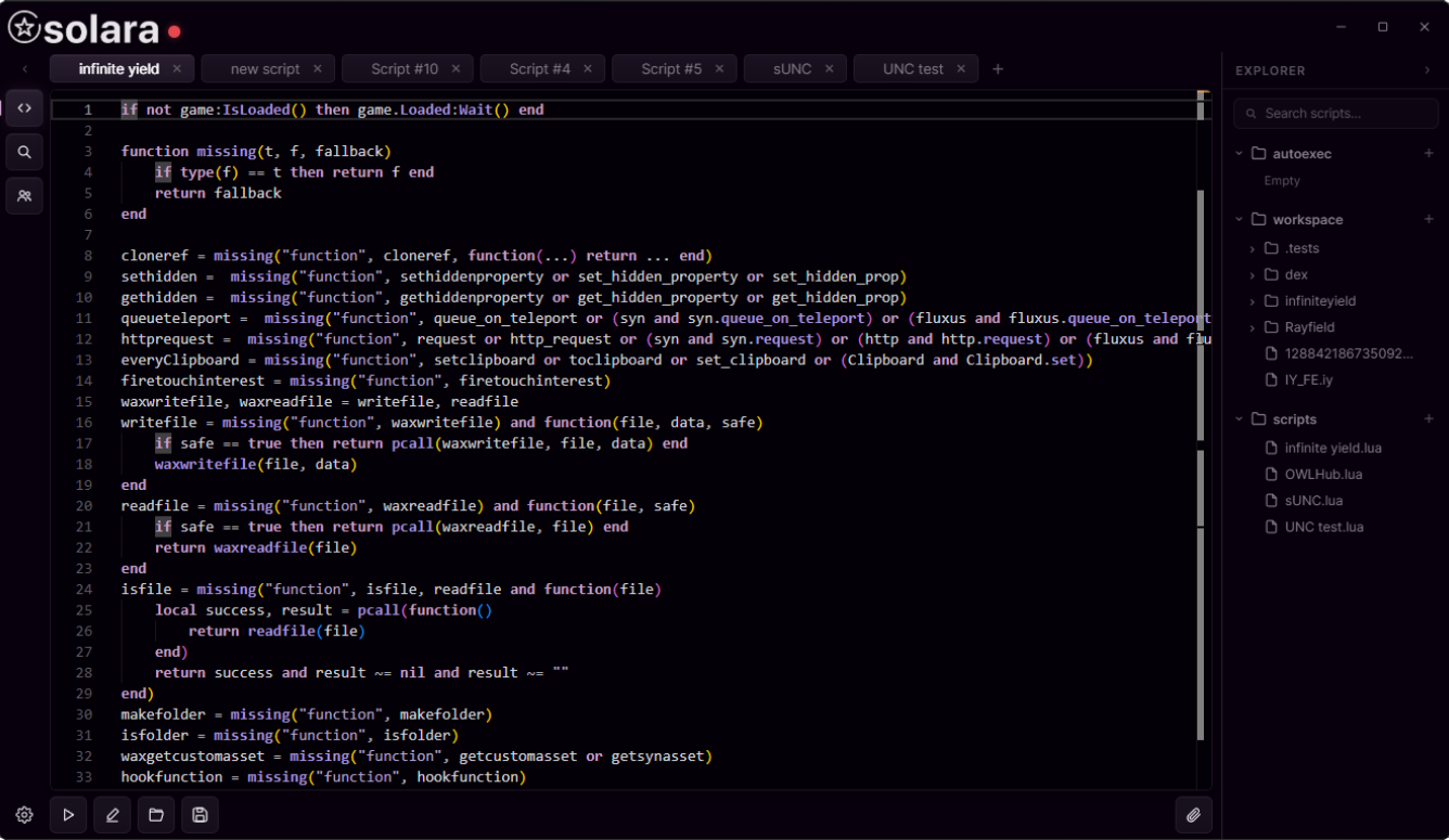 The Solara editor with an Infinite Yield script open, a tabbed script bar, and the workspace explorer on the right.
