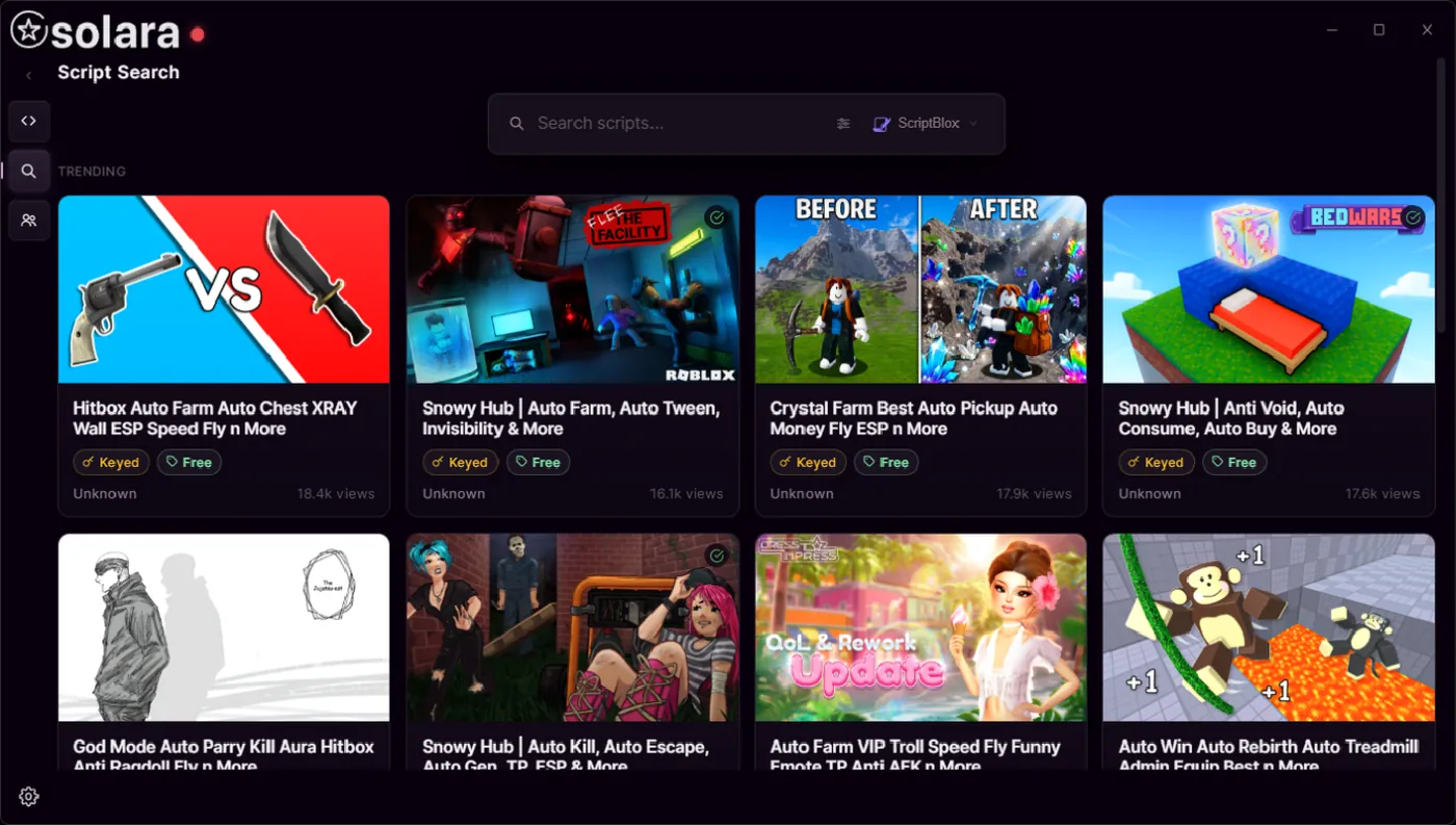Solara's Script Search: a search bar with the ScriptBlox source selected, and a grid of trending scripts with thumbnails, keyed and free tags, and view counts.
